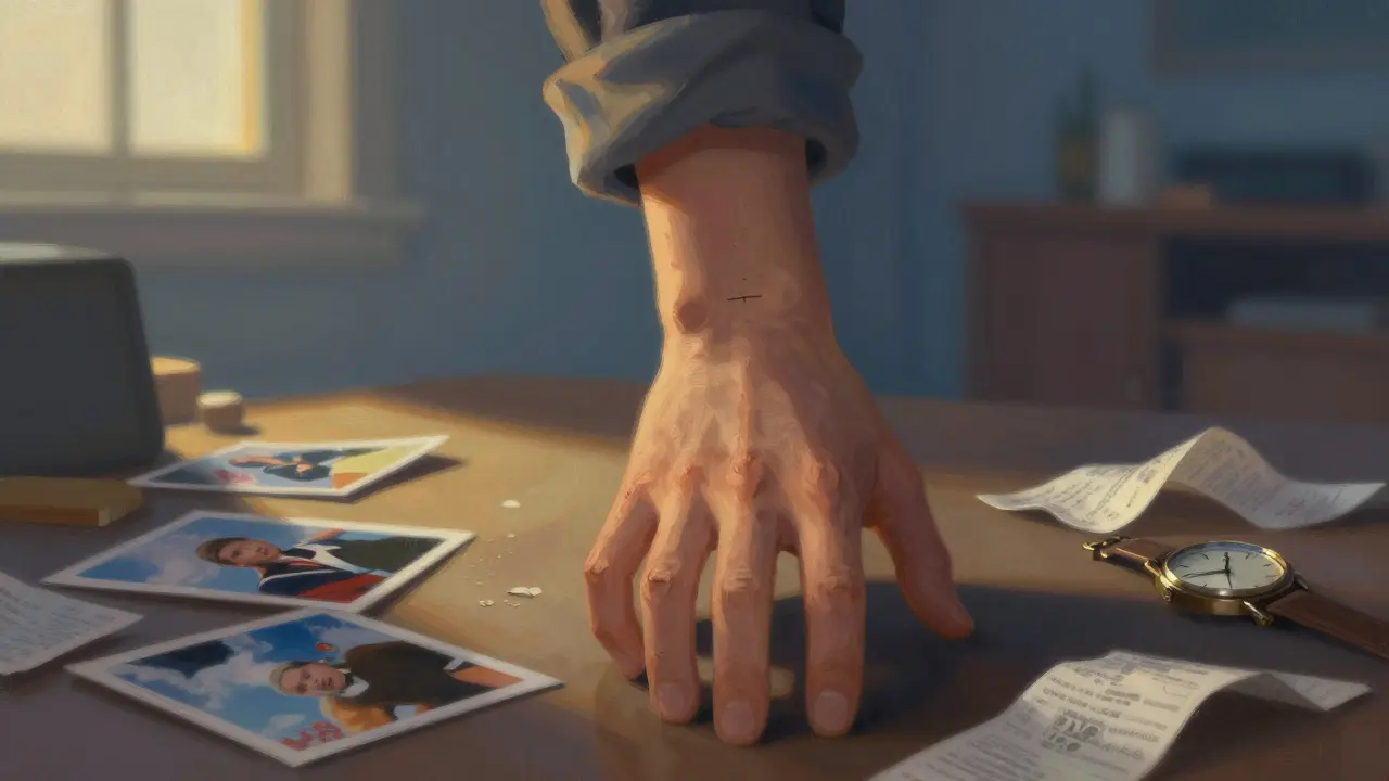 Ruka s viditelnými stopy po vpichu, za ní roztříštěný byt a zničené osobní předměty.